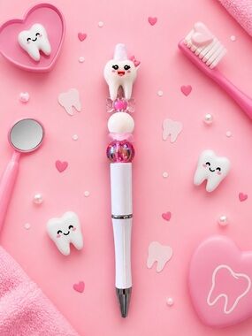 Handmade fun Tooth Charm Ballpoint Pen - Pink & White